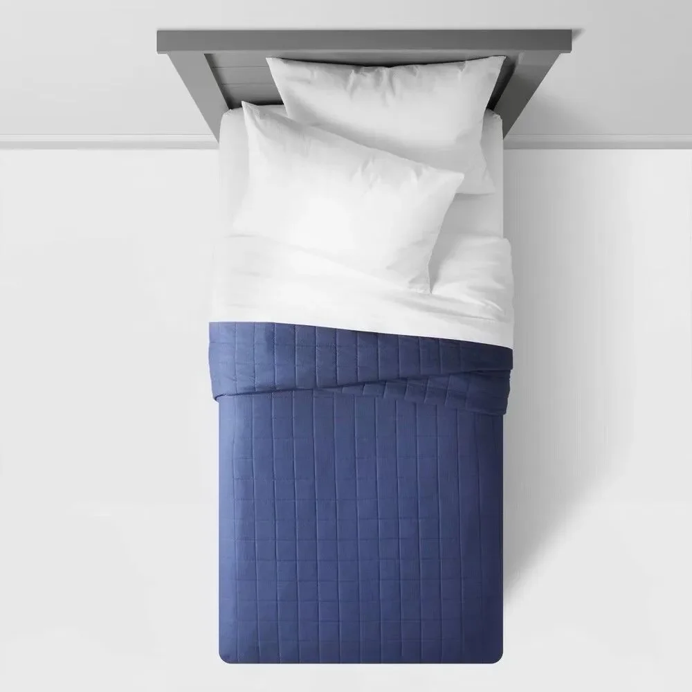 Pillowfort Full Queen Box Stitch Microfiber Kids Quilt Navy OEKO-TEX Bedding